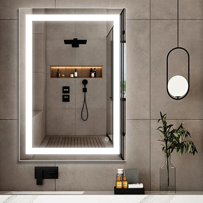 Espejo LED rectangular para baño con montaje en pared, espejo arenado con sensor táctil, luz regulable y temperatura para decoración del hogar