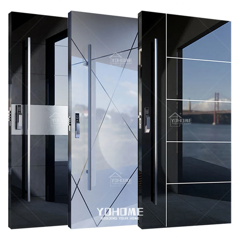 Puerta de entrada de acero inoxidable de diseño de lujo italiano. Fachada de seguridad exterior Puerta pivotante Puerta pivotante de aluminio de entrada moderna