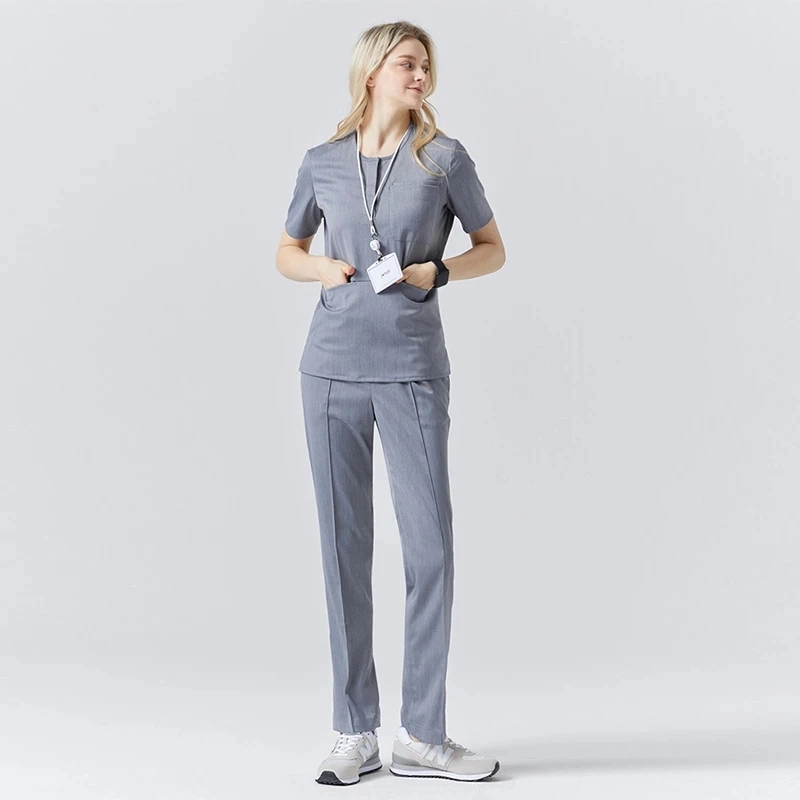 Nurse Scrubs Uniform Suits Health Worker Summer Short Sleeve Working Scrub Tops and Pants Set Women Solid Color Nursing Workwear