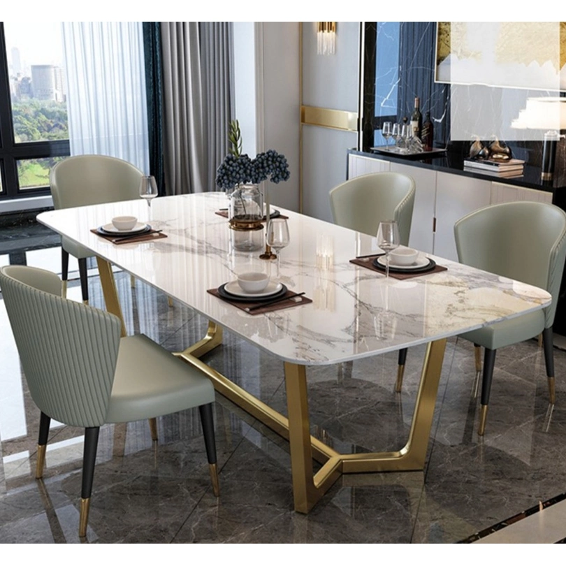 Cena de lujo Restaurante de mármol de silla de comedor de banquetes mesa rectangular Conjunto de muebles de Metal Leg mesa de comedor
