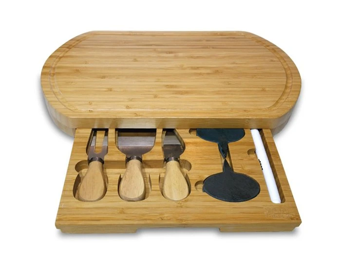 Casafield Organic Bamboo Cheese Cutting Board & Knife Gift Set - Wooden Serving Tray for Charcuterie Meat Platter, Fruit