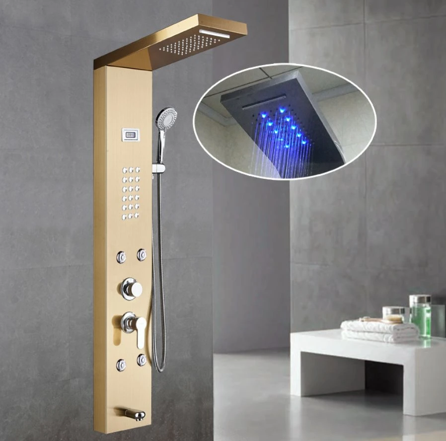 Hot Sale 304 Stainless Steel Temperature Display LED Rainfall Shower Heads Massage Thermostatic Shower Panels