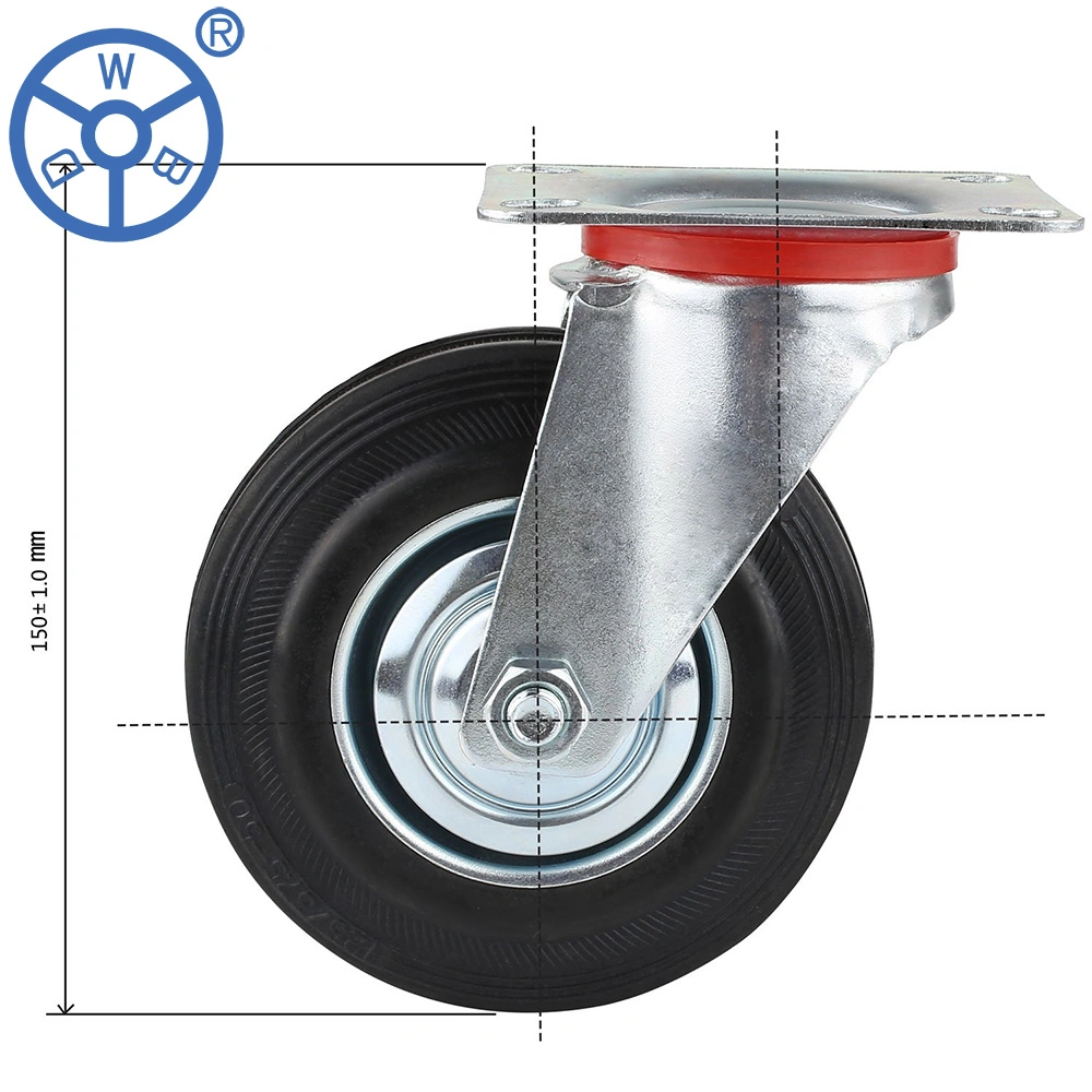 WBD 4 pulgadas vástago roscado giratorio cojinete de rodillos negro fijo Rueda de rueda giratoria de caucho con cabeza giratoria chapada en zinc