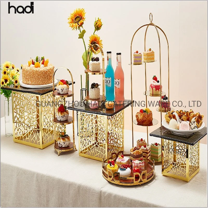 Guangzhou Catering Bodas Tema Desayuno Buffet Stand Square Hotel rack vertical de los alimentos modernos de acero inoxidable Oro Pedestal de Té