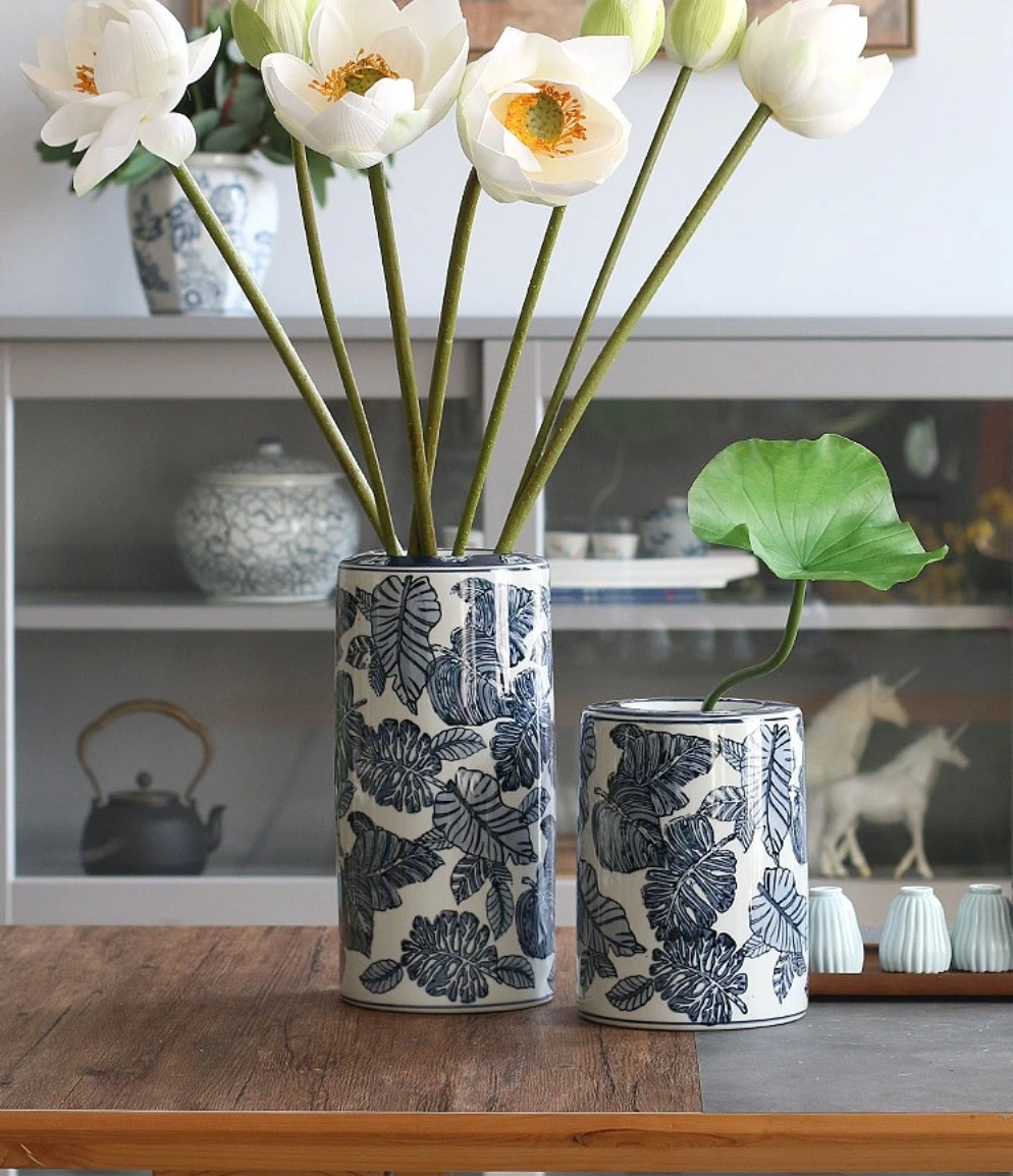 Handgemachte Keramik Blau und Weiß Blumenvase hoch Dekoratives Porzellan Keramik