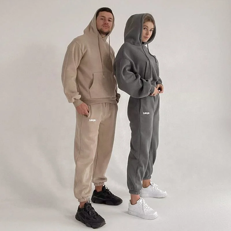 Ensembles de sweats à capuche et de joggeurs personnalisés pour hommes et femmes, vêtements de sport unisexe en coton marron avec logo solide. Survêtement ample en coton côtelé unisexe, tenue de sport.