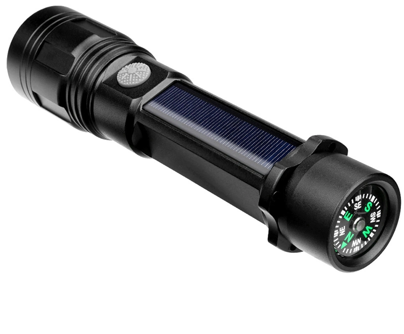 High Powered LED Aluminum Torch Compass Light Solar Rechargeable Torch Lamp Flashlights with Zooming Camping Emergency LED Flashlight