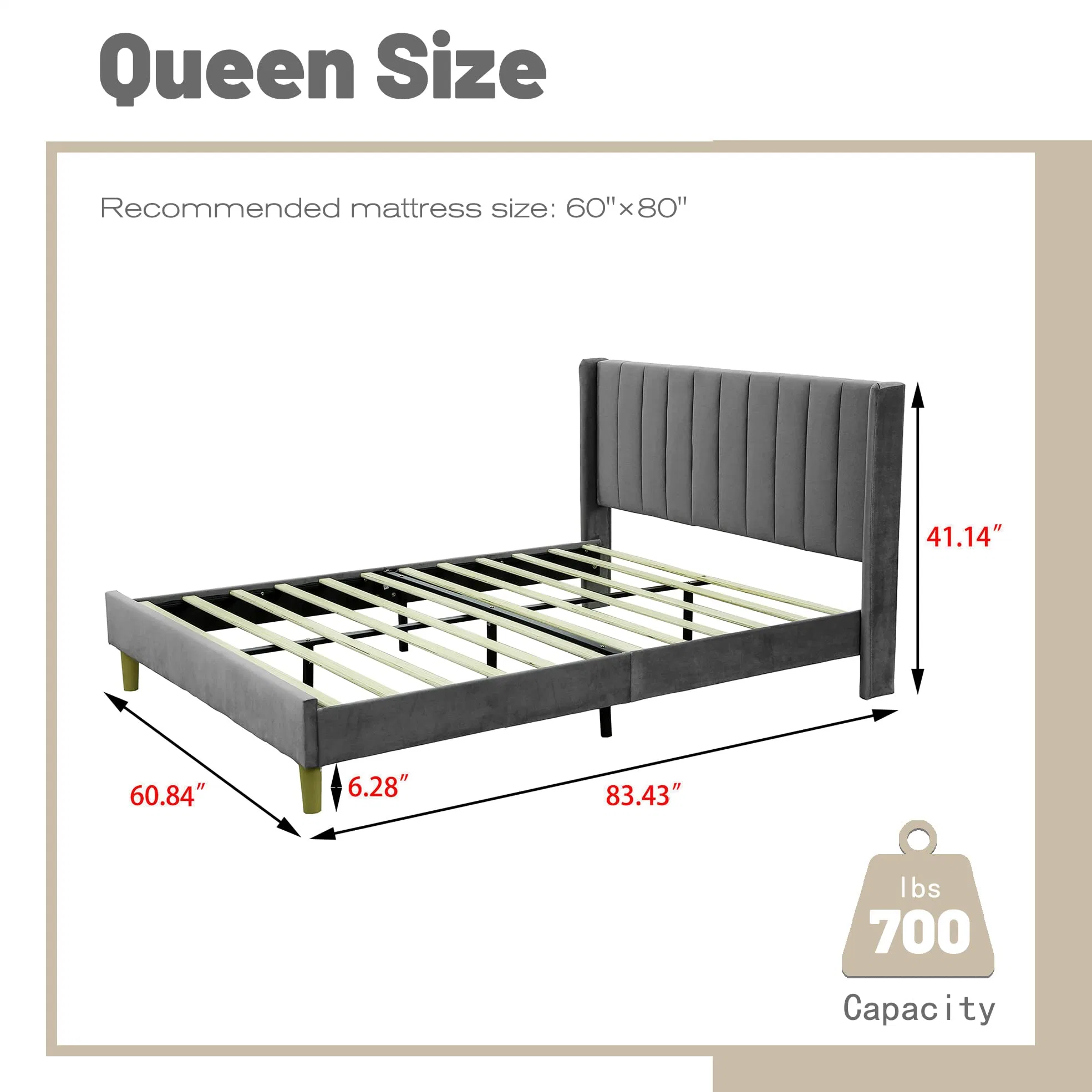 Upholstered Platform Bed Frame Queen Size with Headboard and Footboard/Wooden Slats Support/No Box Spring Needed/Easy Assembly, Ink Gray Velvet