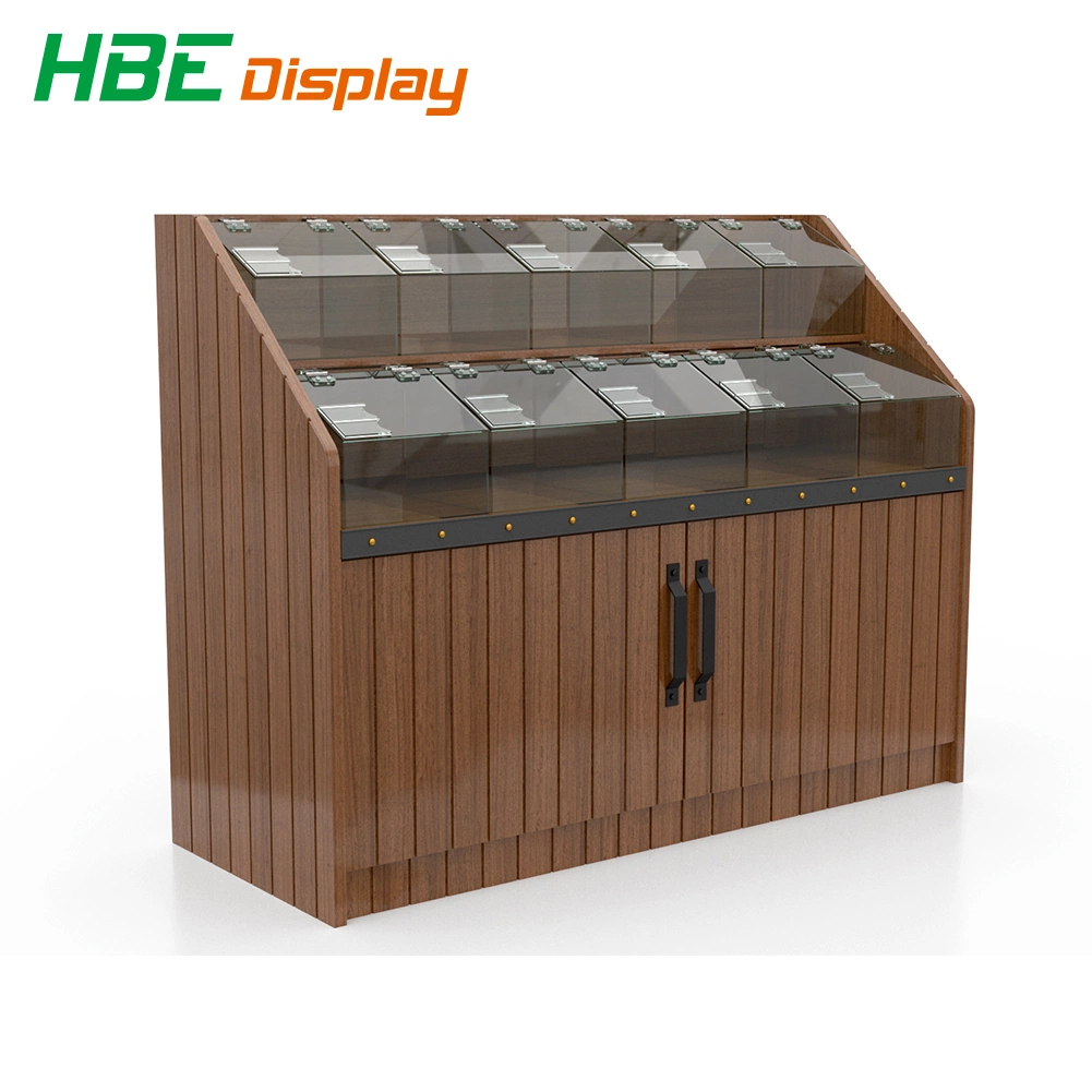 Wooden Double Side Bulk Food Rack with Plastic Box for Snack Shop