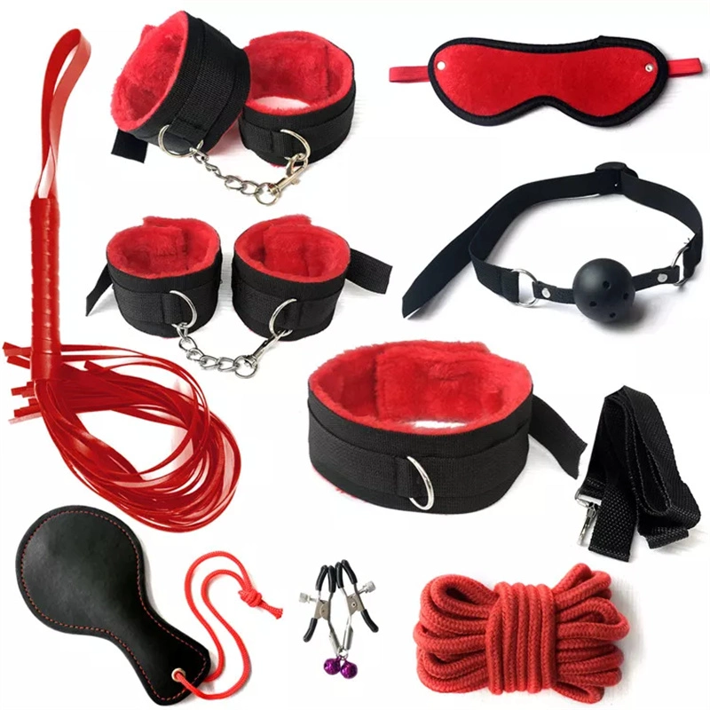 Herramientas de bondage Collar de cuello Esposas Látigo para azotar Venda para los ojos Juguetes sexuales BDSM para parejas