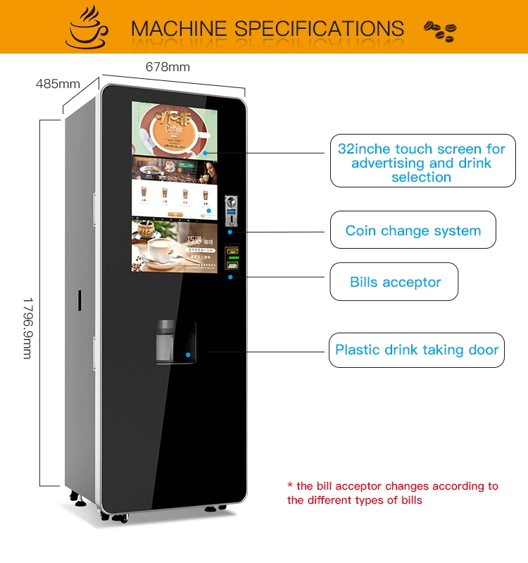 Best Price Automatic Tea Coffee Vending Machine with 32inches Touch Screen and Auto Cleaning Function