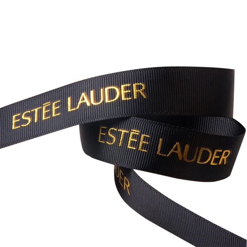 Wholesale/Supplier Custom Logo 1 Inch Black Polyester Ribbon Gold Foil Grosgrain Printed Ribbon