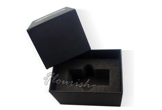 Black Color Rigid Cardboard Watch Jewelry Gift Packaging Box with Badge Decoration and Velvet Insert