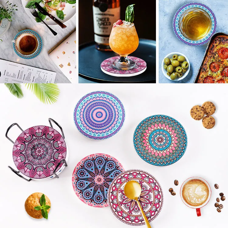 Sublimation Blanks Set of 6 Bohemian Absorbent Stone Custom Design Printing Ceramic Coasters