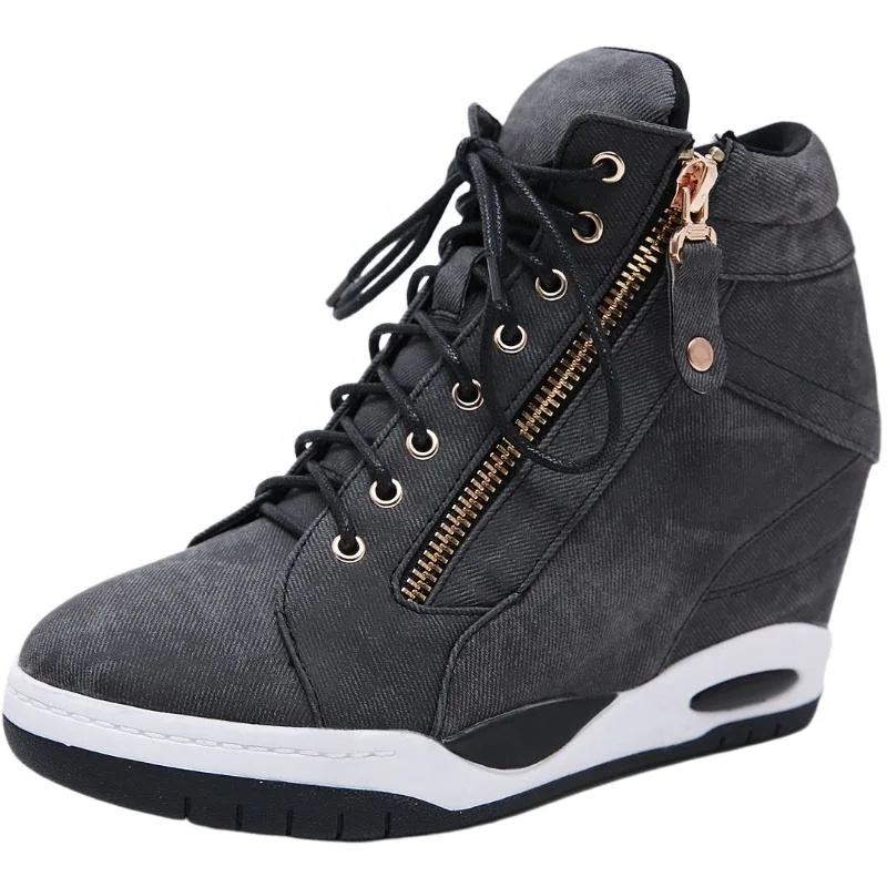 New Platform Casual Denim Female Shoes Side Zipper High Wedge Heel High-Top Ladies Platform Sneakers Lace-up Inner Increasing Jeans Shoes for Women