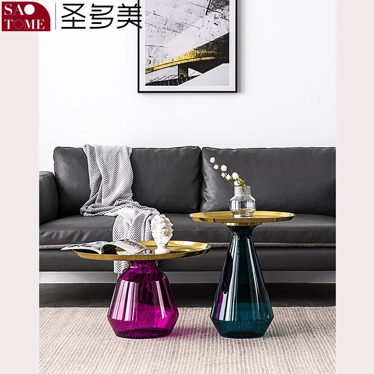 Modern Living Room Furniture Black Gold Wrought Iron Tray, Hand-Blown Wax Molding Glass Bottle Coffee Table