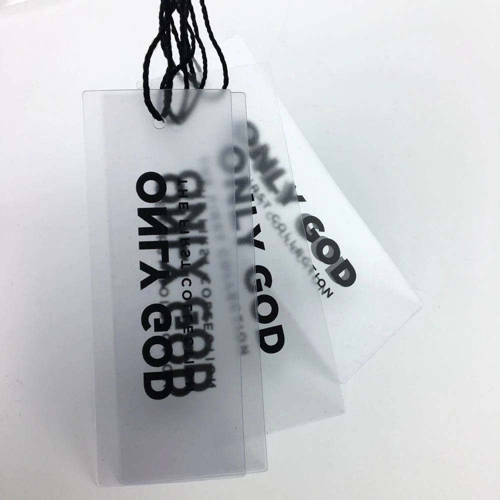 2023 Luxury Custom Garment Printing Jeans Paper Clear Clothing Merchandise PVC Plastic Hang Tag Plastic Tags