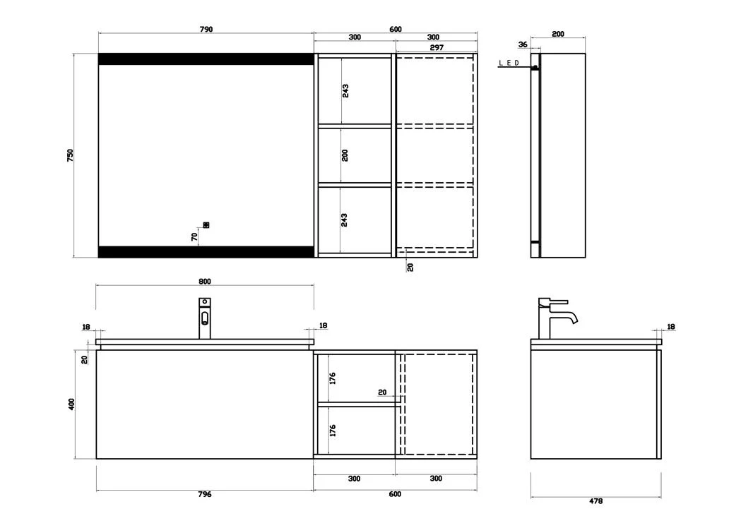 80cm Wall Hung Cabinet White Bathroom Furniture Set with One Basin