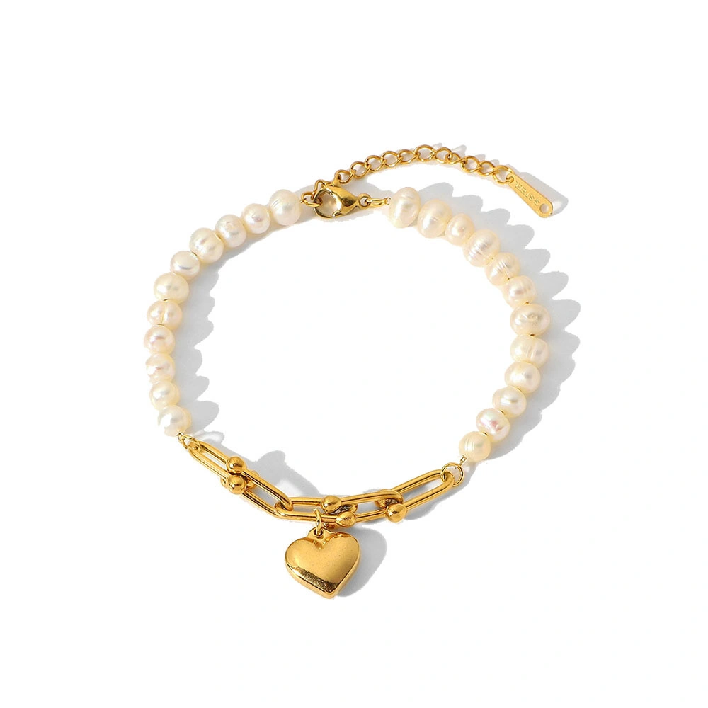 Moda 18K Aço inoxidável revestido a ouro em forma de U Horseshoe Chain Link Pearl coração charme banges pulseiras Jóias para mulheres