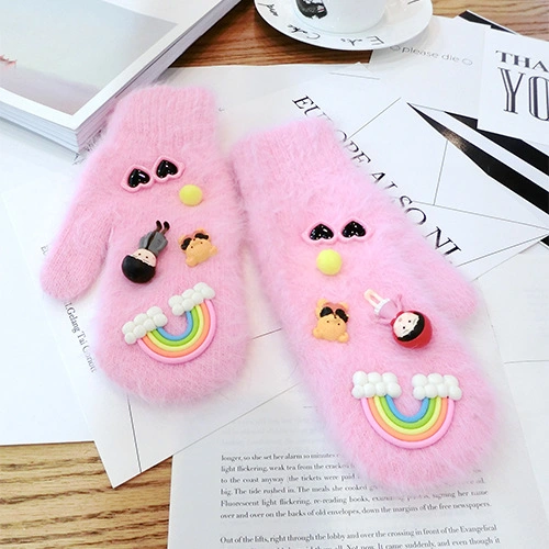 Winter Cute Rabbit-Fur Double Thickened Doll Animal Little Girl Warm Gloves