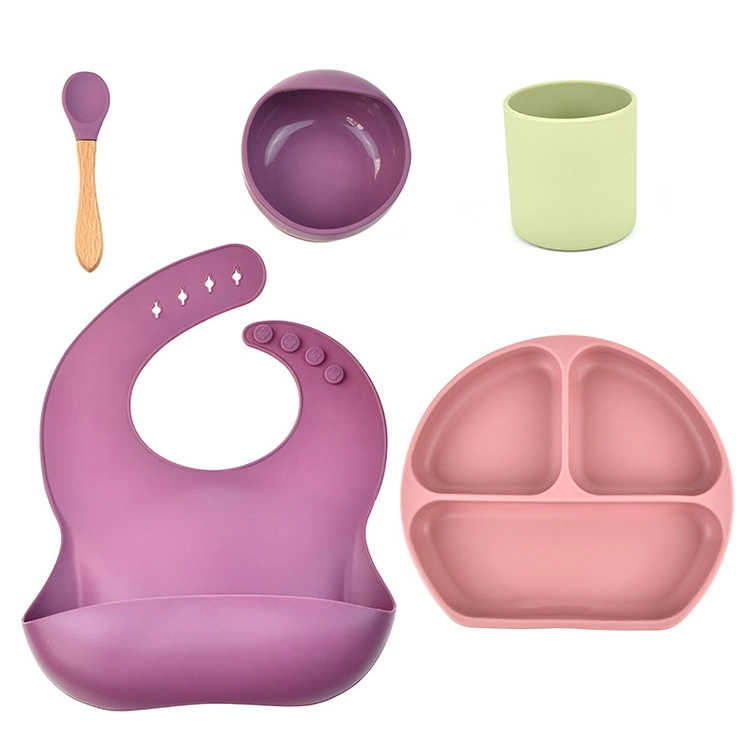 High quality/High cost performance  Nonslip Large Food Grade Silicone Baby Feeding Bibs Bowl Spoon Set