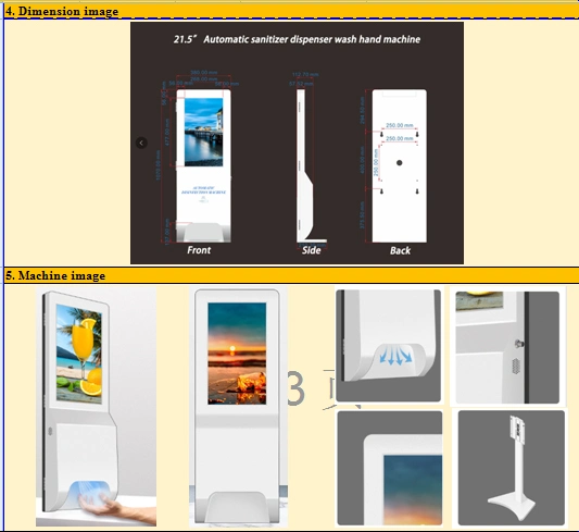 La publicidad de 21,5" de mano de lavado automático de la pantalla de la máquina Dispenser higienizador