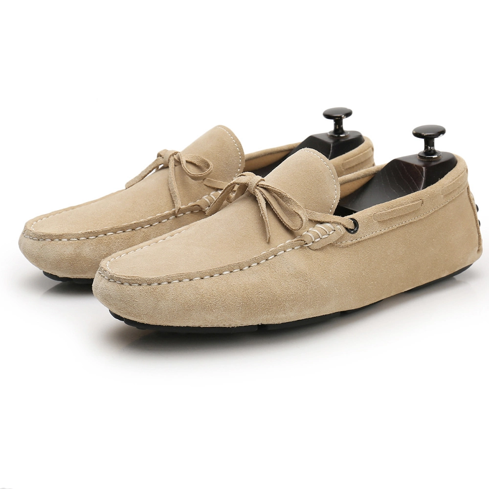 Handmade Men's Carshoe Loafers in Beige Suede.