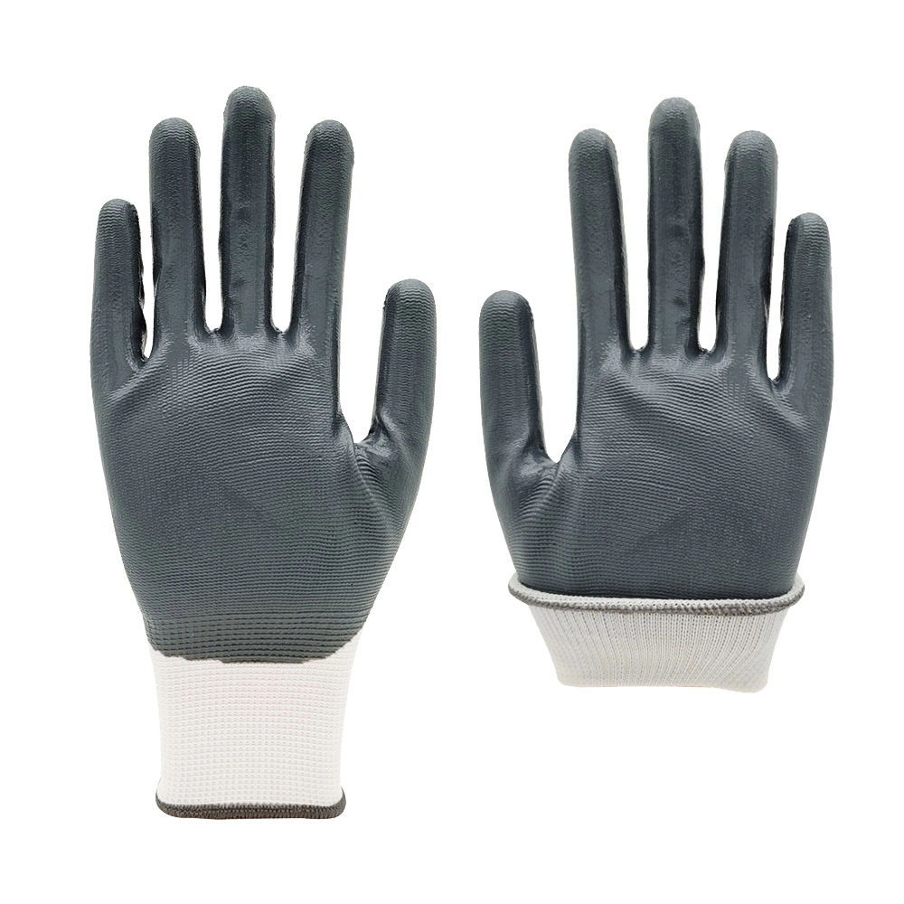 Usine de vente directe de gants de travail de sécurité protecteurs pour la construction industrielle, avec doublure en polyester de calibre 13 et paume en nitrile enduite de gris