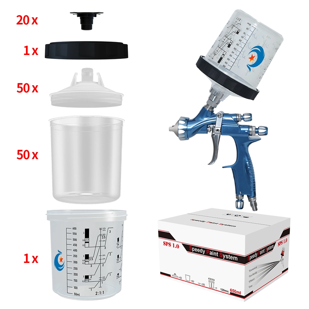 Sistema de pistola de pulverización de pintura con filtro 125mic 650ml, Copa de revestimientos de plástico, copa exterior y tapa para pistola de pulverización