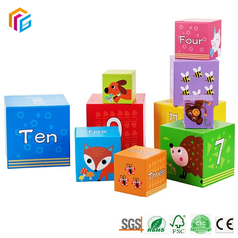 Multi Color personalizado de enseñanza aprendizaje preescolar Bloque de apilamiento de los niños Juego Animal de cartón los números de patrón de la iluminación de anidación de juguete cubo de apilamiento de verificación