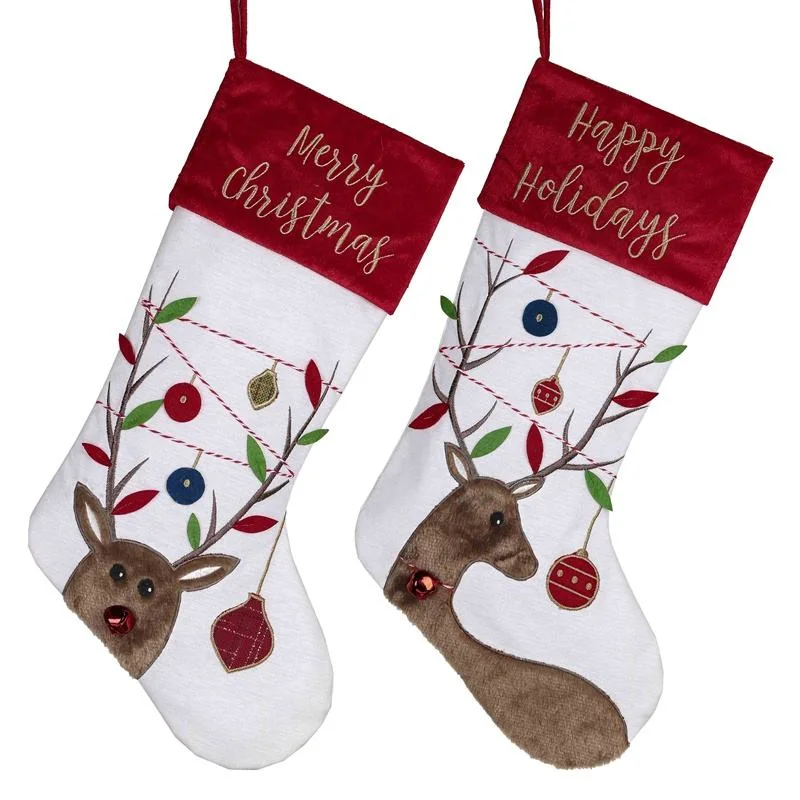 Christmas Stockings Embroidery Gift Socks Santa Snowman Candy Bag Decoration Pendant