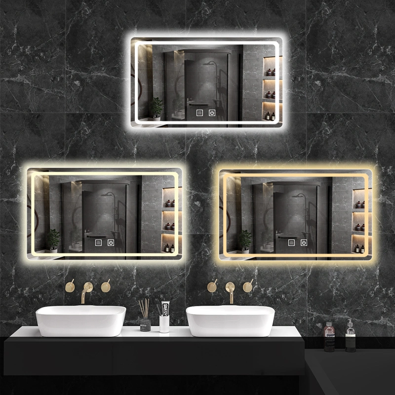 Miroir de maquillage rectangulaire d'usine en Chine avec éclairage LED, meubles de salle de bains, miroirs muraux électroniques intelligents pour la salle de bains.