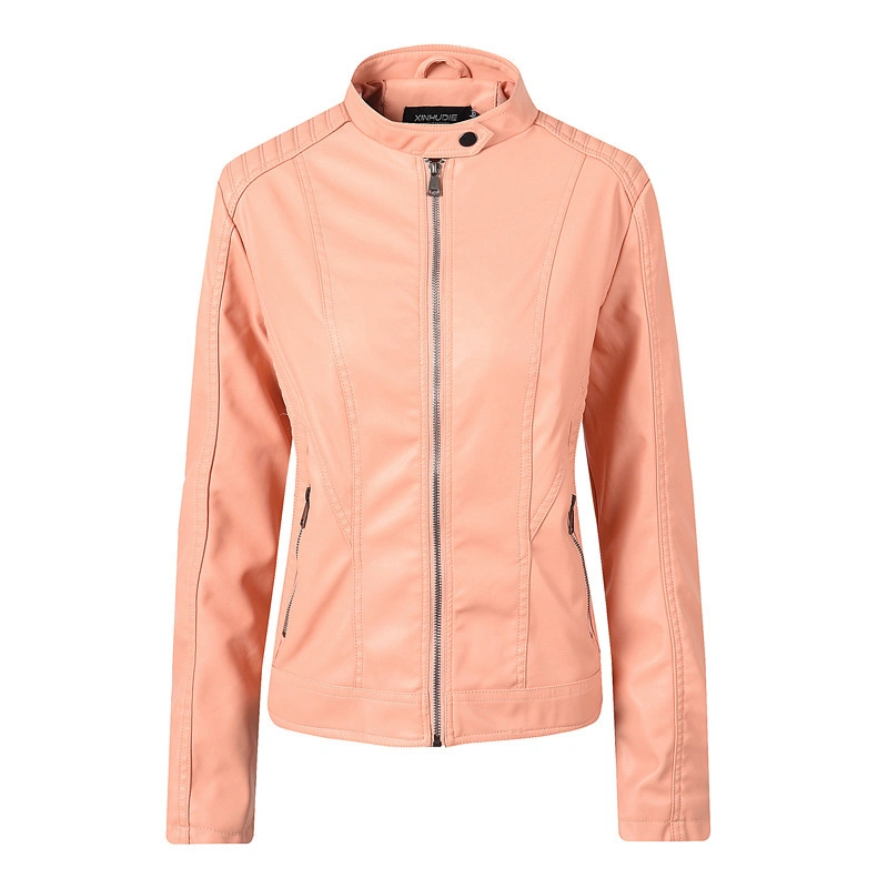 Best Sale 2021 Women New Arrival Coral Pink PU Jacket Long Sleeve Outwear Spring Autumn Coats