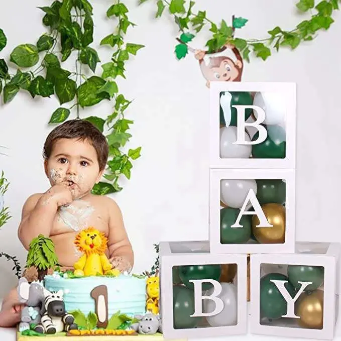 Full Alphabet Transparent Baby Balloon Box with White Green Balloon Gold Chrome balloon for Baby Shower Gender Reveal Party Decor