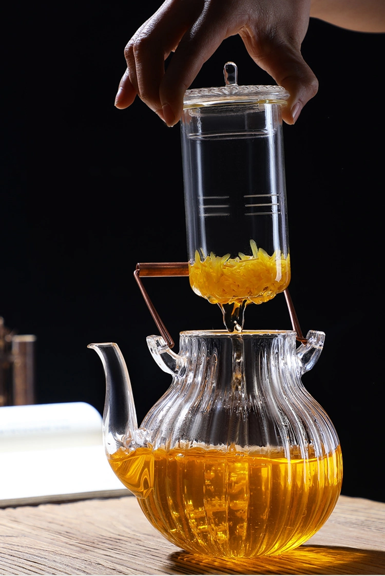 850ml Heart-Resistant Borosilicate Glass Teapot Set. Glass Tea Kettle with Copper Handle and Glass Filter