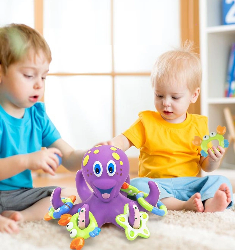 2022 Amazon Umweltfreundliche Schwimmende Lustige Cartoon Baby Badesoys Mit 5 Ringen Kunststoff Purple Bad Octopus Tier für Kinder