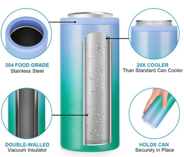 Double Wall Vacuum Insulated Stainless Steel Skinny Can Holder 12 Oz Slim Beer Cans Cold Sublimation Slim Can Cooler