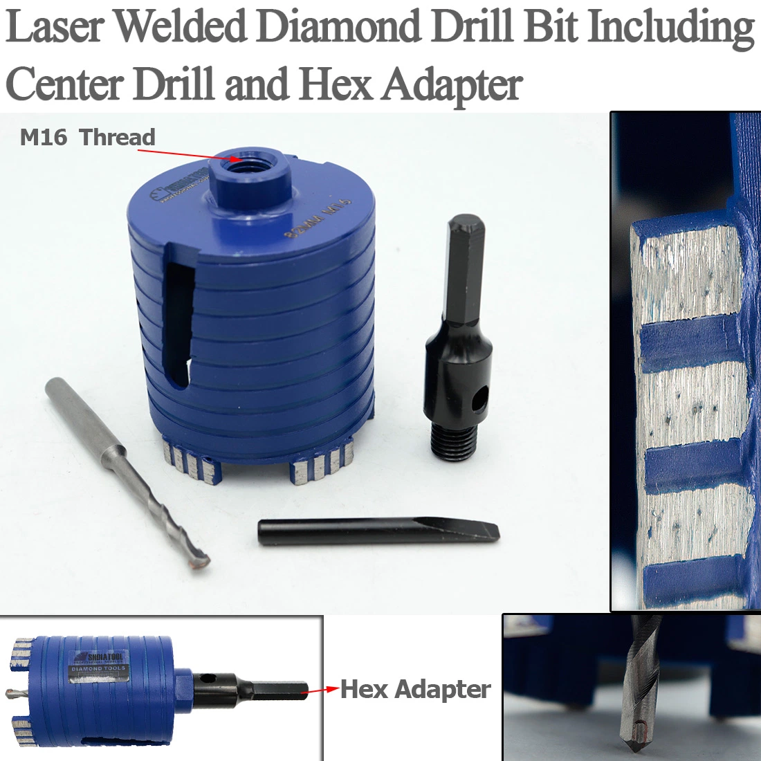 M16-68/82mm Laser geschweißter Diamantbohrer einschließlich Zentrierbohrer Und SDS-Plus- oder Hex-Adapter