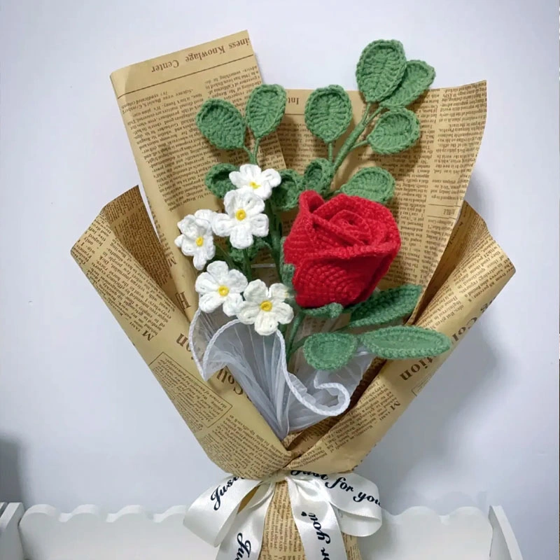 Crochet Artificial Flower Rose Plant Bouquet Valentine's Day Gift Wedding Decoration Handmade Stem Rose Finished Products