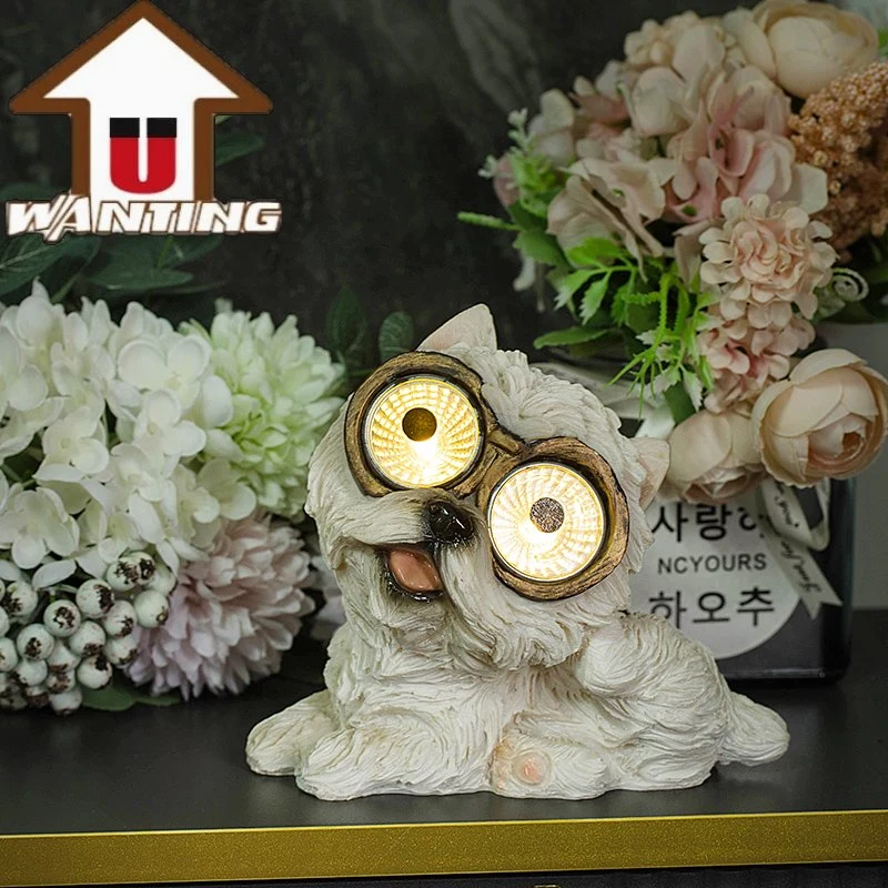 Harz Garten Statue Cute Kitty Puppy Solar Light Outdoor-Dekor Tierskulptur