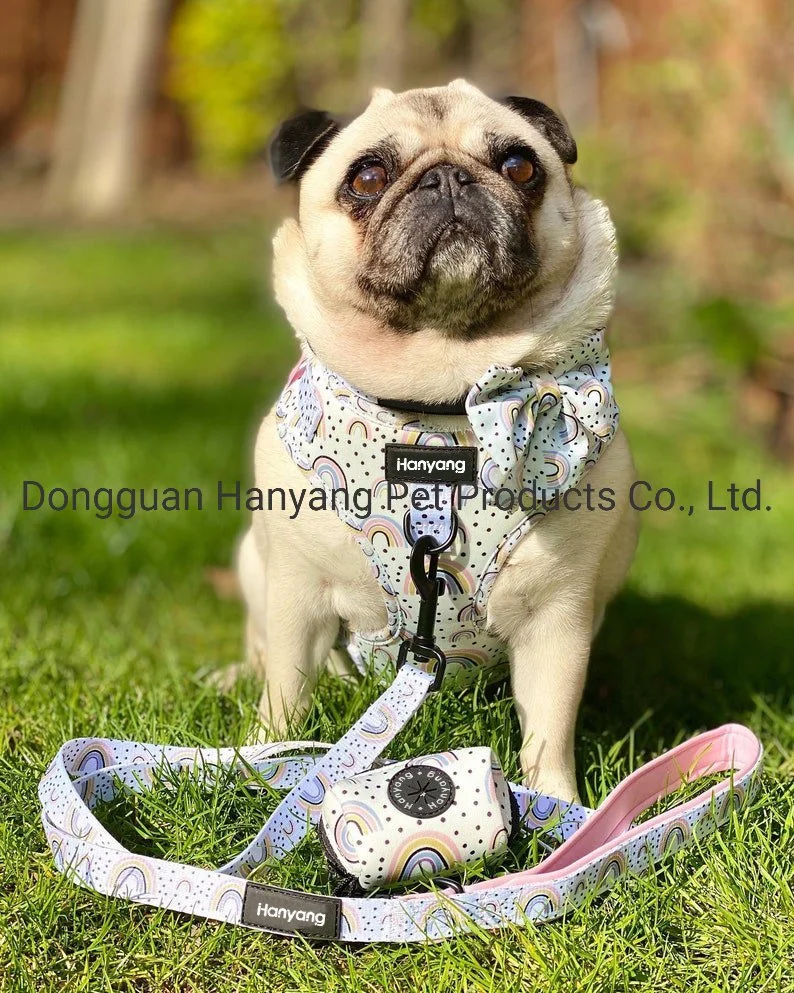 Hanyang 2023 Dog Harness Manufacturer Soft Neoprene Personalized Custom Adjustable Pet Dog Harness with Dog Leash Collar and Poop Bag Holder Bowtie