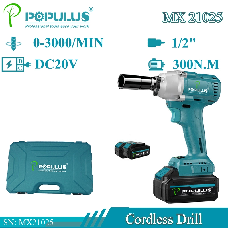 Populus Car Maintaince 20V Rechargeable Lithium Wrench 1/2" 3000bpm Impact Rate Electric Brushless Impact Wrench Cordless Wrench for Vietnam Market