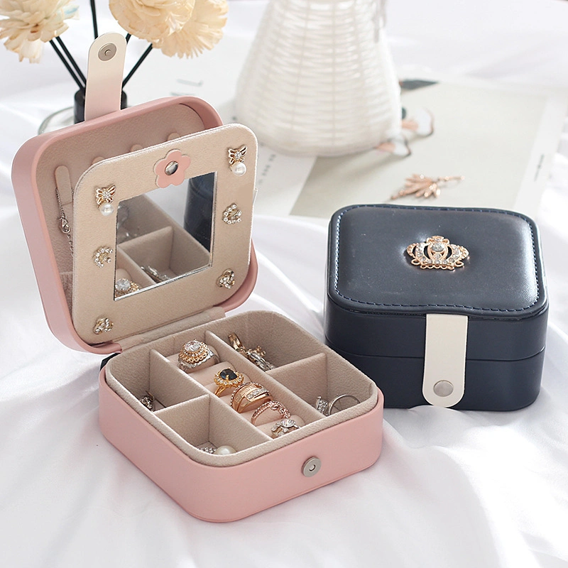 PU Leather Jewelry Box with Crown Luxury Travel Jewelry Organizer Necklace Ring Earring Storage Case