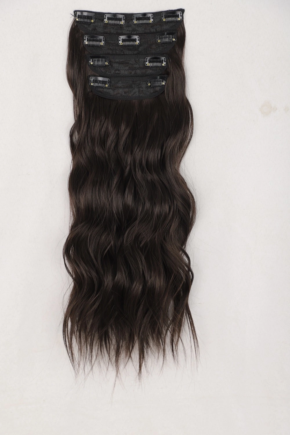 Long de haute qualité WAVY Noir 11 clips Hairpiece synthétique 4 pièces en bon marché d'extension perruque de cheveux