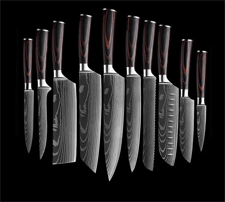 Acero inoxidable 3Cr13 Cocina de hornear Damasco cuchillo de pan de patrón láser