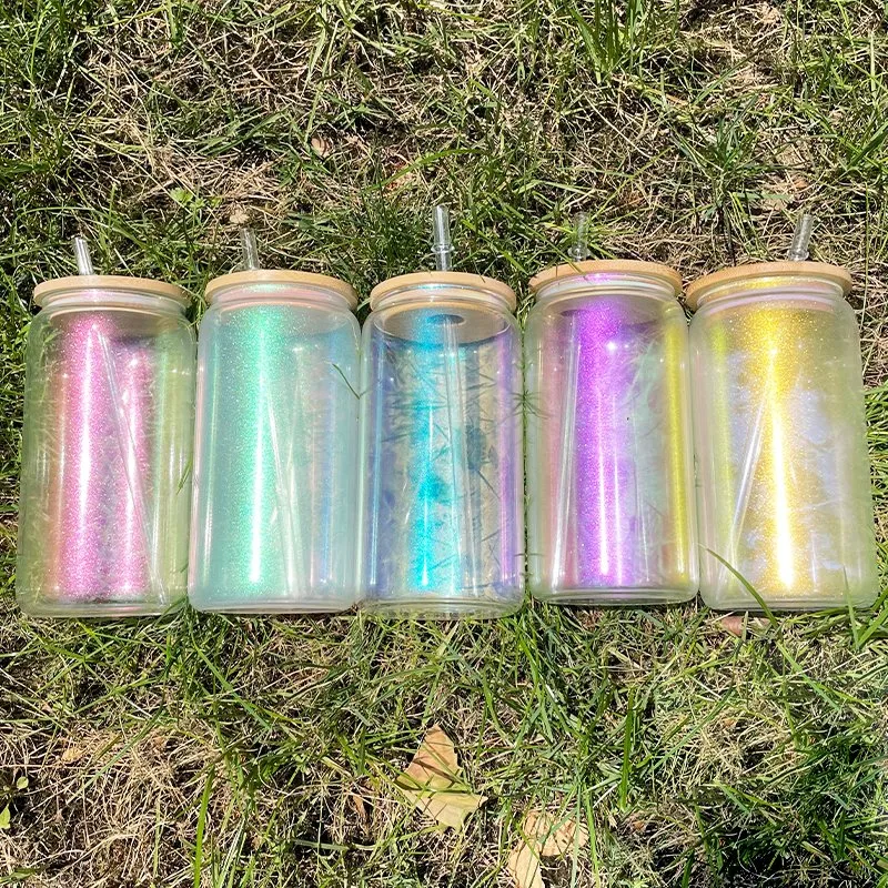 16oz 20oz Blank Sublimation Iridescent Rainbow Glitter Ombre Color Iridescent Glass Can with Bamboo Lid and Straw for Water, Wine, Beer, Cocktails