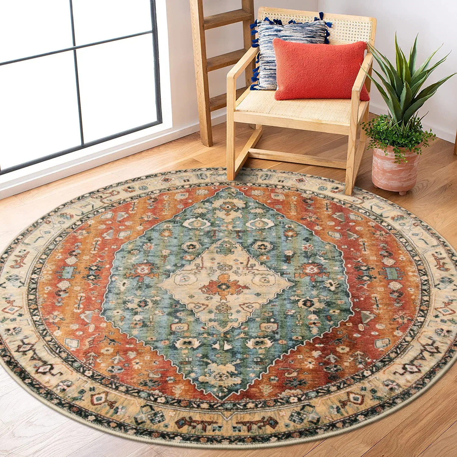 4FT Boho Tribal Round Rug Persian Soft Bedroom Round Area Rug Entryway Foyer Throw Mat Washable Non-Shedding Non-Slip Sofa Carpet