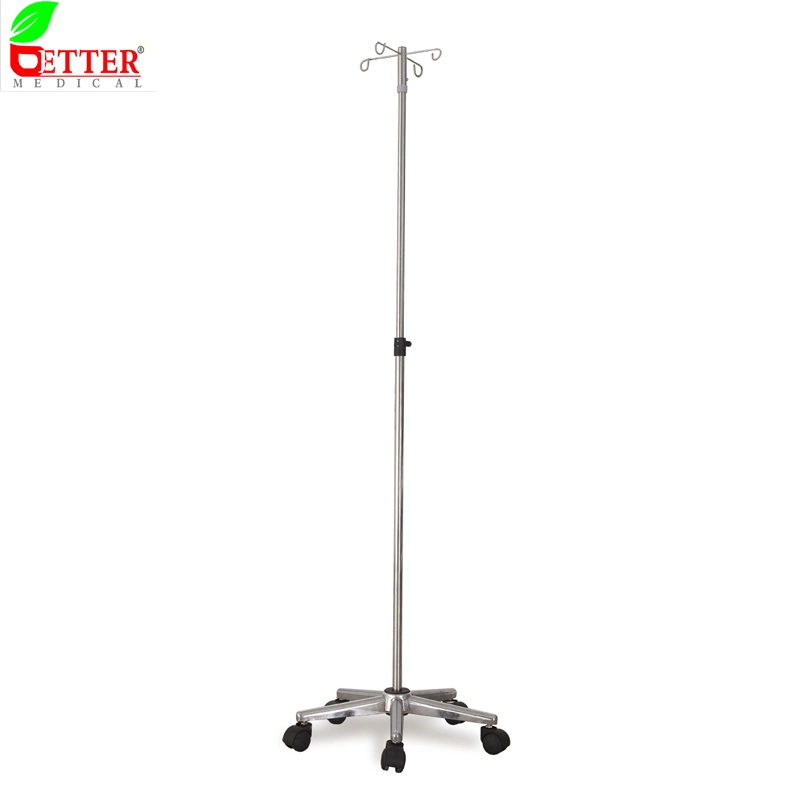 Hospital Furniture Stainless Steel 4 Hooks IV Drip Infusion Stand on Castors