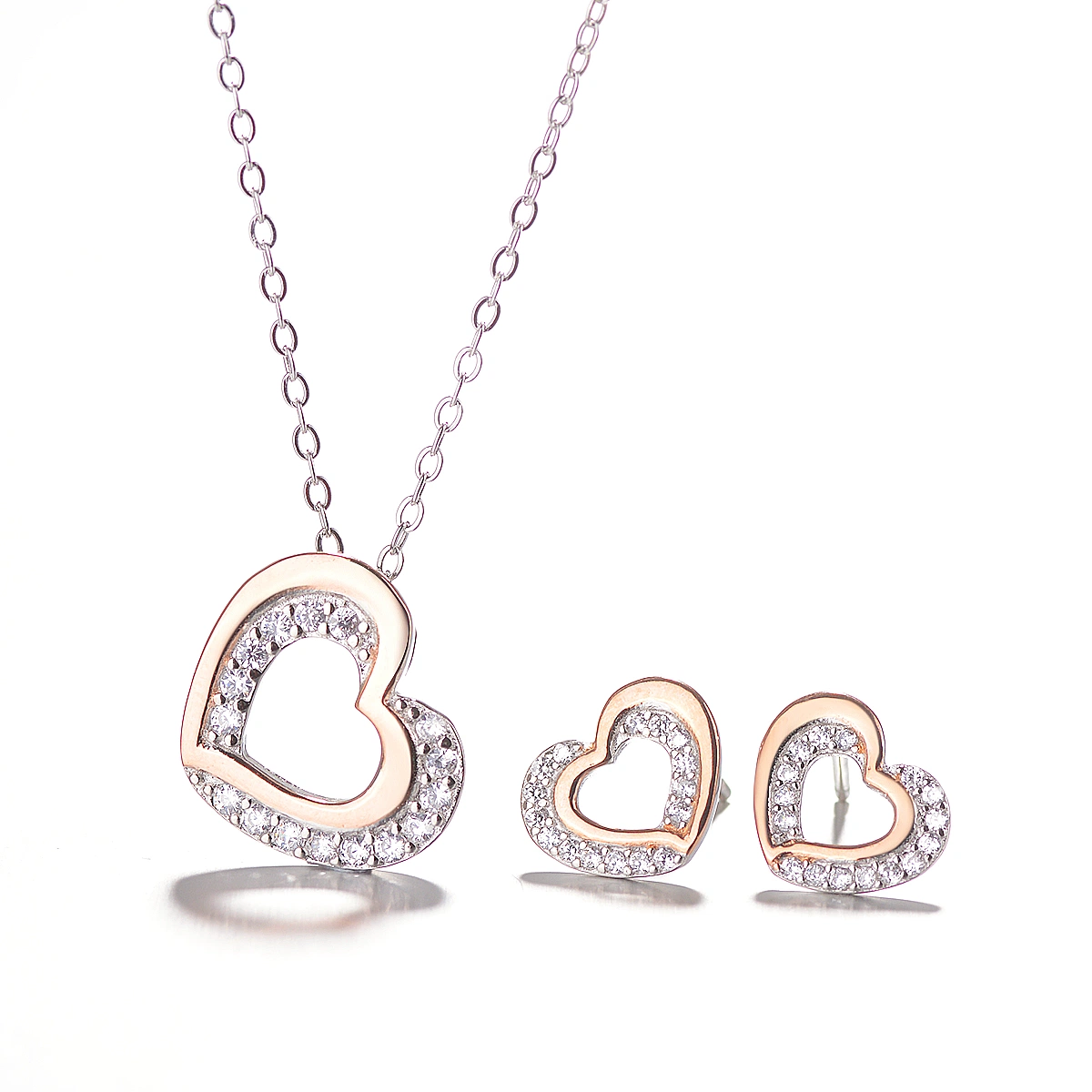 Fashion 925 Sterling Silver Zirconium Heart Set with Rose Gold and Rhodium Plating Jewelry