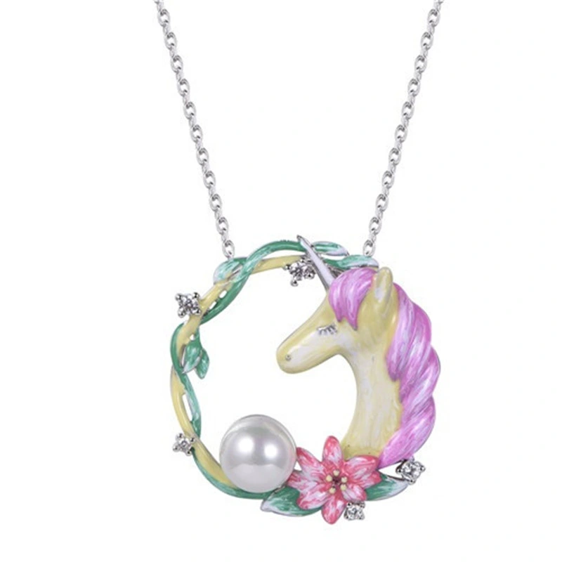 925 Silver Cute Unicorn Earring and Necklace Animal Enamel Jewelry Sets for Ladies